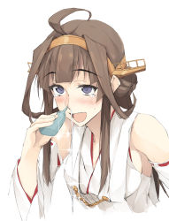 Rule 34 | 1girl, ahoge, bare shoulders, blue eyes, blush, bottle, breasts, brown hair, commentary request, detached sleeves, hair bun, headgear, highres, in nose, kantai collection, kongou (kancolle), long hair, medium breasts, nasal irrigation, nontraditional miko, open mouth, simple background, single hair bun, solo, sparkle, tears, white background, zekkyon