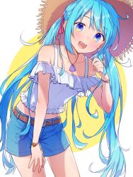 Rule 34 | 1girl, ai kusunoki, aqua eyes, aqua hair, bare shoulders, belt, bracelet, commentary, commission, cowboy shot, denim, denim shorts, frilled shirt, frills, hair tie, hand on own thigh, hat, hatsune miku, highres, jewelry, leaning forward, long hair, looking at viewer, necklace, off-shoulder shirt, off shoulder, open mouth, shell, shell necklace, shirt, short sleeves, shorts, skeb commission, smile, solo, star bracelet, straw hat, twintails, very long hair, vocaloid, white shirt