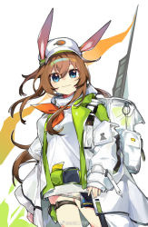 Rule 34 | 1girl, amiya (arknights), amiya (planter) (arknights), animal ears, arknights, backpack, bag, baiwei er hao ji, baseball cap, blue eyes, brown hair, commentary, cowboy shot, ears through headwear, hat, jacket, light blush, long hair, looking at viewer, neckerchief, official alternate costume, open clothes, open jacket, orange hair, rabbit ears, shirt, simple background, smile, solo, thigh strap, weibo watermark, white background, white hat, white jacket, white shirt