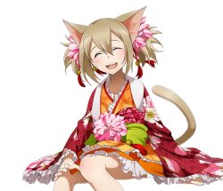 Rule 34 | 1girl, animal ears, brown hair, cat ears, cat tail, closed eyes, hair between eyes, head tilt, invisible chair, japanese clothes, kimono, long hair, obi, open mouth, orange kimono, sash, shiny skin, short twintails, silica, silica (sao-alo), sitting, smile, solo, sword art online, tail, transparent background, twintails, yukata