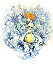 Rule 34 | 1girl, appleko, bare shoulders, closed eyes, creatures (company), detached sleeves, earrings, eyelashes, game freak, gen 1 pokemon, highres, jewelry, lapras, looking at another, misty (pokemon), misty (sygna suit) (pokemon), navel, nintendo, official alternate costume, orange hair, pokemon, pokemon (creature), pokemon masters ex, psyduck, seaking, shirt, short hair, skirt, smile, solo, starmie, vaporeon