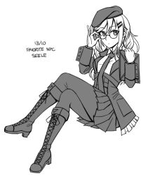 Rule 34 | 1girl, adjusting eyewear, beret, boots, braid, breasts, character name, closed mouth, collared shirt, cross-laced footwear, crossed legs, dated, frilled jacket, frills, full body, girls&#039; frontline, glasses, gloves, greyscale, hair between eyes, hair ornament, hairclip, hat, high heel boots, high heels, highres, holding, jacket, knee boots, lace-up boots, long hair, long sleeves, low twintails, monochrome, ndtwofives, necktie, open clothes, open jacket, pantyhose, pleated skirt, round eyewear, shirt, sier (girls&#039; frontline), simple background, sitting, skirt, small breasts, solo, twin braids, twintails, white background