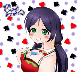 Rule 34 | 1girl, 2019, aqua eyes, artist name, artist request, badge, bare shoulders, between breasts, black skirt, blush, bow, bowtie, breasts, button badge, buttons, card, card between breasts, casino, cleavage, cuff links, cuffs, detached collar, female focus, frills, garter straps, green eyes, heart, highres, large breasts, long hair, looking at viewer, love live!, love live! school idol festival, love live! school idol project, low twintails, miniskirt, navel, parted bangs, pencil skirt, purple hair, red bow, red shirt, scrunchie, shirt, skirt, sleeveless, smile, solo, thighhighs, tojo nozomi, tower, twintails, vest