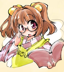 Rule 34 | 1girl, absurdres, apron, bell, book, brown hair, checkered clothes, checkered shirt, clothes writing, female focus, glasses, hair bell, hair ornament, highres, motoori kosuzu, orange hair, pink eyes, shinapuu, shirt, solo, touhou, twintails, two side up
