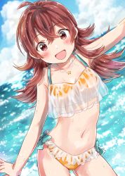 Rule 34 | 1girl, arm up, blush, breasts, cloud, collarbone, commentary request, day, hair between eyes, highres, idolmaster, idolmaster shiny colors, jewelry, komiya kaho, looking at viewer, medium breasts, medium hair, navel, necklace, ocean, open mouth, red eyes, red hair, ribbon, sky, smile, solo, standing, swimsuit, wet