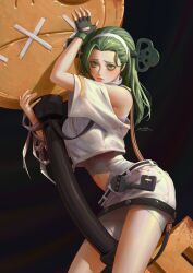 Rule 34 | 1girl, a.b.a, bags under eyes, bandaged chest, bandaged neck, bandages, dustykuro, fingerless gloves, gloves, green eyes, green hair, guilty gear, guilty gear strive, headband, highres, key, key in head, long hair, looking at viewer, object through head, pale skin, paracelsus (guilty gear), stitched mouth, stitches, white headband