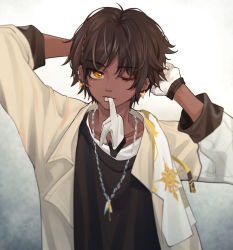 Rule 34 | 1boy, arknights, arms up, beige jacket, black shirt, brown hair, dark-skinned male, dark skin, gloves, highres, jacket, jewelry, long sleeves, looking at viewer, male focus, mouth hold, necklace, open clothes, open jacket, orange eyes, shirt, thorns (arknights), upper body, white gloves, ya kexi