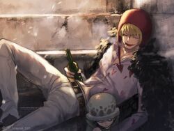Rule 34 | 2boys, aged down, belt, blonde hair, bottle, child, cigarette, closed eyes, donquixote rocinante, expressionless, feather coat, hat, heart, holding, holding bottle, lipstick, looking to the side, lowres, makeup, male focus, multiple boys, muted color, navel, one piece, pants, potechi norisio, shirt, sitting, smile, smoke, stairs, trafalgar law