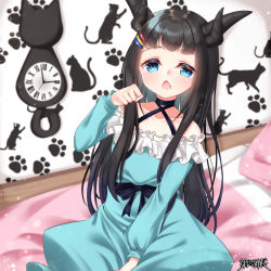 Rule 34 | 1girl, bare shoulders, bed, black choker, black hair, blue dress, blue eyes, blush, character request, chestnut mouth, choker, clock, collarbone, criss-cross halter, curled horns, dairoku ryouhei, dress, fang, frilled dress, frills, hair ornament, hairclip, halterneck, hand up, horns, long hair, long sleeves, looking at viewer, mirai (happy-floral), multiple horns, off-shoulder dress, off shoulder, official art, on bed, open mouth, pillow, puffy long sleeves, puffy sleeves, roman numeral, sitting, solo, very long hair, wall clock, watermark, yawning