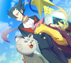 Rule 34 | 1boy, alolan form, alolan persian, artist name, blue eyes, blurry, blurry background, buttons, cloud, commentary request, creatures (company), day, elite four, floating scarf, from below, game freak, gen 5 pokemon, gen 7 pokemon, grimsley (pokemon), hair between eyes, highres, jacket, liepard, looking at viewer, male focus, momoji (lobolobo2010), nintendo, outdoors, pants, parted lips, pokemon, pokemon (creature), pokemon bw, pokemon masters ex, scarf, sky, smile, spiked hair, standing, yellow scarf