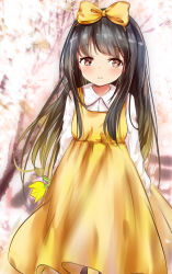 Rule 34 | 1girl, absurdres, black hair, blonde hair, blush, bow, brown eyes, closed mouth, collared shirt, commentary request, crying, crying with eyes open, devotion, dress, du meishin, flower, gradient hair, hair bow, hairband, highres, light frown, long hair, long sleeves, multicolored hair, mutang, shirt, sleeveless, sleeveless dress, solo, tears, tulip, very long hair, white shirt, yellow bow, yellow dress, yellow flower, yellow hairband, yellow tulip
