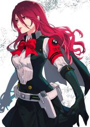 Rule 34 | 1girl, armband, black gloves, black skirt, bow, bowtie, buttons, cape, collared shirt, elbow gloves, gloves, isa (peien516), kirijou mitsuru, long hair, official alternate costume, persona, persona 3, persona 3 reload, red armband, red bow, red eyes, red hair, s.e.e.s, shirt, skirt, solo, white background