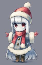 Rule 34 | 1girl, beanie, blue coat, blunt bangs, boots, brown footwear, coat, colored skin, eye (okame nin), full body, fur-trimmed headwear, fur trim, grey background, hat, highres, long sleeves, looking at viewer, no mouth, okame nin, original, outstretched arms, red eyes, red hat, santa hat, simple background, solo, spread arms, white hair, white skin