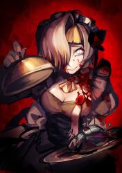 Rule 34 | black dress, black nails, blonde hair, blood, blood on clothes, blood on face, breasts, cleavage, dress, highres, holding, holding plate, juliet sleeves, kromer (project moon), large breasts, limbus company, long sleeves, looking at viewer, maid, maid headdress, multicolored hair, nail, parted lips, plate, project moon, puffy sleeves, red background, serving dome, short hair, smile, streaked hair, wax seal, white eyes, white hair, ziv (ziw1004)