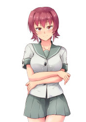 Rule 34 | 10s, 1girl, bad id, bad pixiv id, blush, breasts, buttons, collarbone, highres, kakiha makoto, kantai collection, kinu (kancolle), large breasts, looking at viewer, pleated skirt, red eyes, red hair, school uniform, serafuku, short hair, short sleeves, simple background, skirt, smile, solo, white background