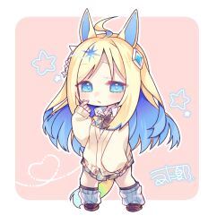Rule 34 | 1girl, ahoge, animal ears, blonde hair, blue eyes, blue hair, blush, breasts, chibi, colored inner hair, gal girl (gentsuki), hair between eyes, hair ornament, horse ears, horse girl, horse tail, jacket, long hair, long sleeves, looking at viewer, multicolored hair, nail polish, neo universe (umamusume), partially unbuttoned, school uniform, shirt, skirt, sleeves past wrists, solo, tail, tied sweater, two-tone hair, umamusume, ume (pickled plum)