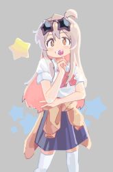 Rule 34 | 1girl, ahoge, bare arms, blue skirt, bow, bowtie, brown eyes, candy, clothes around waist, colored inner hair, commentary, english commentary, eyewear on head, food, grey background, grin, gustavo schuler, gyaru, hair between eyes, highres, jacket, jacket around waist, kogal, light blush, lollipop, long hair, looking at viewer, multicolored hair, onii-chan wa oshimai!, oyama mahiro, pink hair, red bow, red bowtie, sawamura spencer eriri, shirt, simple background, skirt, sleeves rolled up, smile, solo, star-shaped eyewear, star (symbol), sunglasses, thighhighs, two-tone hair, v, white shirt, white thighhighs, zettai ryouiki