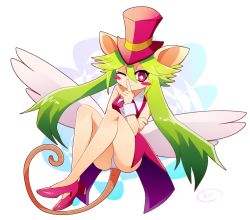 Rule 34 | 1girl, absurdres, animal ears, blush stickers, breasts, finger to mouth, green hair, hat, high heels, highres, leotard, mad rat dead, mouse (animal), mouse ears, mouse girl, mouse tail, nippon ichi, rat god, red eyes, shushing, tail, top hat, wings, wrist cuffs