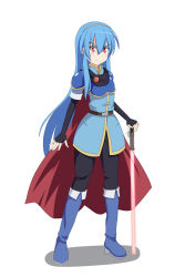 Rule 34 | &gt;:), 1girl, alternate costume, armor, blue hair, boots, brooch, cape, cato (monocatienus), cosplay, crazy eyes, fingerless gloves, fire emblem, gloves, hairband, high heel boots, high heels, highres, hinanawi tenshi, jewelry, long hair, marth (cosplay), marth (fire emblem), nintendo, red eyes, solo, sword of hisou, touhou, tsurime, tunic, v-shaped eyebrows, very long hair