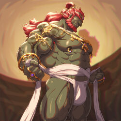 Rule 34 | 1boy, abs, bara, beard, biceps, bulge, colored skin, facial hair, feet out of frame, from below, ganondorf, gold, green skin, highres, huge eyebrows, jewelry, large pectorals, loincloth, long hair, looking at viewer, looking to the side, male focus, mature male, multiple rings, muscular, muscular male, navel, nintendo, nipple piercing, nipple rings, nipples, pectorals, piercing, red hair, ring, second-party source, solo, standing, the legend of zelda, thick eyebrows, thick thighs, thighs, veins, veiny arms, zelo-lee