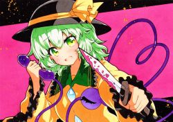Rule 34 | 1girl, :d, bad id, bad twitter id, black hat, blood, bloody knife, frilled sleeves, frills, green eyes, green hair, hat, hat ribbon, heart, heart of string, holding, holding knife, holding phone, knife, komeiji koishi, long sleeves, looking at viewer, open mouth, phone, pink background, qqqrinkappp, ribbon, shirt, short hair, smile, solo, third eye, touhou, traditional media, upper body, yellow ribbon, yellow shirt