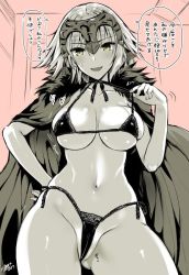 Rule 34 | 1girl, artist name, bikini, bikini pull, blush, breasts, cloak, clothes pull, coat, cowboy shot, dated, fate/grand order, fate (series), fur trim, gluteal fold, groin, hand on own hip, hand up, headpiece, highleg, highleg swimsuit, hip focus, indoors, jeanne d&#039;arc (fate), jeanne d&#039;arc alter (avenger) (fate), jeanne d&#039;arc alter (fate), kojima saya, large breasts, lingerie, looking at viewer, micro bikini, monochrome, navel, open clothes, open coat, open mouth, short hair, signature, smile, solo, speech bubble, sweat, sweatdrop, swimsuit, thighs, underwear