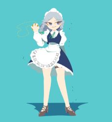 Rule 34 | 1girl, apron, aqua background, black footwear, blue eyes, blue skirt, blue vest, braid, collared shirt, cross-laced footwear, frilled apron, frilled skirt, frills, full body, green ribbon, grey hair, high heels, highres, holding, holding pocket watch, izayoi sakuya, looking to the side, maid headdress, medium hair, neck ribbon, parted bangs, pocket watch, puffy sleeves, ribbon, roman numeral, shinsei tomato, shirt, simple background, skirt, skirt set, solo, thigh strap, touhou, twin braids, vest, watch, white apron, white headdress, white shirt