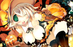 Rule 34 | 1girl, ;d, bare shoulders, bent over, black thighhighs, blonde hair, blush, breasts, brown gloves, cleavage, collar, detached collar, elbow gloves, elf, fang, female focus, ghost, gloves, green eyes, halloween, hanging breasts, hat, holding, jack-o&#039;-lantern, large breasts, looking at viewer, night, one eye closed, open mouth, original, parasol, pointy ears, pumpkin, sakaki (noi-gren), short hair, smile, thighhighs, tree, umbrella, wink