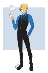 Rule 34 | 1boy, black footwear, black pants, blonde hair, blue shirt, cigarette, curly eyebrows, full body, hair over one eye, hand in pocket, highres, holding, holding cigarette, male focus, necktie, one piece, pants, sanji (one piece), satohrisa, shirt, signature, smile, solo, striped clothes, striped shirt, vertical-striped clothes, vertical-striped shirt, waistcoat