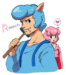 Rule 34 | 1boy, 1girl, :d, animal ears, apron, blue hair, blush stickers, couple, cyrus (animal crossing), animal crossing, freckles, grin, hammer, heart, husband and wife, mappy (manhole opener), mouth hold, nail, nintendo, open mouth, personification, pink hair, pompadour, reese (animal crossing), smile, spoken heart, white background