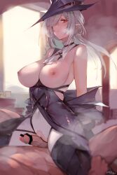 Rule 34 | 1girl, absurdres, arknights, bare shoulders, breasts, breasts out, clothed female nude male, collar, corset, dokuro deluxe, gladiia (arknights), grinding, hat, highres, large breasts, nude, off shoulder, pale skin, penis, pointy ears, ponytail, pussy, red eyes, torn clothes, white hair