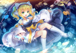 Rule 34 | 1girl, :d, blonde hair, boots, capura lin, copyright request, detached sleeves, green eyes, hairband, holographic interface, japanese clothes, looking at viewer, official art, open mouth, short hair, short twintails, smile, solo, twintails