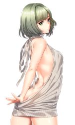 Rule 34 | 10s, 1girl, ass, backless dress, backless outfit, bare back, bare shoulders, blue eyes, blush, breasts, butt crack, cowboy shot, dress, from behind, green eyes, halterneck, heterochromia, highres, idolmaster, idolmaster cinderella girls, infinote, looking at viewer, looking back, meme attire, mole, mole under eye, naked sweater, no bra, no panties, ribbed sweater, short hair, simple background, smile, solo, sweater, sweater dress, takagaki kaede, turtleneck, turtleneck sweater, virgin killer sweater, white background