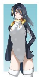 Rule 34 | 1girl, absurdres, black hair, black jacket, breasts, brown eyes, commentary, cowboy shot, drawstring, emperor penguin (kemono friends), hair over one eye, hand on own hip, headphones, highres, jacket, kemono friends, leotard, long hair, looking at viewer, medium breasts, multicolored hair, open clothes, open jacket, open mouth, orange hair, simple background, solo, streaked hair, tail, tanabe (fueisei), thighhighs, two-tone hair, white leotard