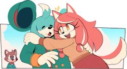 Rule 34 | 1girl, 2boys, :3, ^ ^, ahoge, animal ears, animal nose, aqua headwear, aqua jacket, arm up, blue eyes, blue fur, blue hair, blue sky, body fur, border, bow, bowtie, breasts, brown fur, brown sweater, buttons, closed eyes, closed mouth, cloud, conductor&#039;s wife (the murder of sonic the hedgehog), conductor (the murder of sonic the hedgehog), day, digimin, dog boy, dog ears, dog girl, dog tail, double-breasted, fang, furry, furry female, furry male, furry with furry, gloves, hair tie, half-closed eyes, hand up, happy, hat, hetero, hug, husband and wife, jacket, long hair, long sleeves, looking at another, multicolored hair, multiple boys, notice lines, official art, open mouth, orange eyes, outdoors, outside border, outstretched arm, peaked cap, pink fur, pink hair, protagonist (the murder of sonic the hedgehog), red bow, red bowtie, red skirt, sidelocks, skirt, sky, small breasts, smile, sonic (series), standing, sweater, swept bangs, tail, teeth, the murder of sonic the hedgehog, traditional bowtie, transparent border, two-tone fur, two-tone hair, upper body, white fur, white gloves, white hair