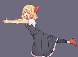 Rule 34 | 1girl, blonde hair, closed eyes, commentary request, hair ribbon, highres, long skirt, meme, open mouth, own hands together, ribbon, rumia, sakana~ (meme), shirt, skirt, sleeveless, sleeveless shirt, solo, standing, standing on one leg, suwaneko, touhou