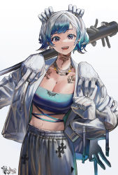 Rule 34 | 1girl, absurdres, baseball bat, blue hair, breasts, cleavage, coat, earrings, extra hands, gradient hair, grey coat, grey hair, highres, jewelry, medium breasts, midriff, mole, mole under eye, mole under mouth, multicolored hair, necklace, original, ryoga, short hair, simple background, solo, tattoo, white background
