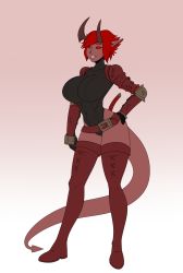 Rule 34 | 1girl, armor, boots, breasts, dungeons &amp; dragons, full body, hand on own hip, highres, horns, lewdreaper, pointy ears, red eyes, red hair, short hair, smile, solo, tail, thigh boots, thighhighs, tiefling, weapon