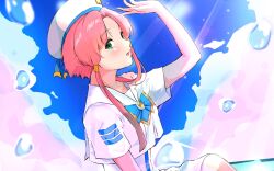 Rule 34 | 1girl, andanden, aria (manga), aria company uniform, arm up, beret, blue bow, blue bowtie, blue sky, bow, bowtie, cloud, cloudy sky, day, dress, eyelashes, gold trim, green eyes, hair tubes, hat, hat ribbon, highres, looking at viewer, mizunashi akari, open mouth, outdoors, parted bangs, pink hair, ribbon, sailor collar, short hair with long locks, short sleeves, sidelocks, sitting, sky, solo, splashing, sunlight, upper body, white dress, white hat