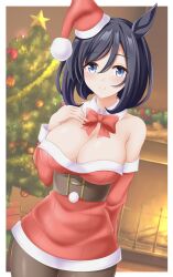 Rule 34 | 1girl, alternate costume, animal ears, bare shoulders, black hair, black pantyhose, blush, border, bow, bowtie, breasts, christmas tree, commentary request, detached collar, detached sleeves, dress, eishin flash (umamusume), fireplace, fur-trimmed dress, fur-trimmed headwear, fur trim, grey hair, gurukorian, hair between eyes, hat, highres, horse ears, horse girl, indoors, large breasts, long sleeves, off-shoulder dress, off shoulder, pantyhose, pom pom (clothes), red bow, red bowtie, red headwear, santa dress, santa hat, smile, solo, umamusume, white border