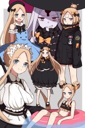 Rule 34 | 6+girls, abigail williams (emerald float) (fate), abigail williams (fate), abigail williams (festival outfit) (fate), abigail williams (traveling outfit) (fate), bikini, black bikini, black bow, black dress, black footwear, black headwear, black jacket, blonde hair, bloomers, blue dress, blue eyes, bow, closed mouth, commentary request, double bun, dress, fate/grand order, fate (series), forehead, grey background, grin, hair bow, hair bun, hat, highres, innertube, jacket, long sleeves, moyashi (momoyashi 321), multiple girls, orange bow, pale skin, parted lips, polka dot, polka dot bow, puffy long sleeves, puffy sleeves, purple eyes, revealing clothes, shoes, sleeveless, sleeveless dress, sleeves past fingers, sleeves past wrists, smile, swim ring, swimsuit, two-tone background, underwear, white background, white bloomers, white dress, witch hat