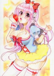 Rule 34 | 1girl, absurdres, apple, blush, breasts, cleavage, colored pencil (medium), cosplay, disney, food, food on body, food on breasts, fruit, headphones, highres, large breasts, long hair, looking at viewer, nitroplus, open mouth, pink eyes, pink hair, puff and slash sleeves, puffy short sleeves, puffy sleeves, saffron factory, short sleeves, snow white, snow white (cosplay), snow white (disney), snow white and the seven dwarfs, solo, super sonico, thighhighs, traditional media