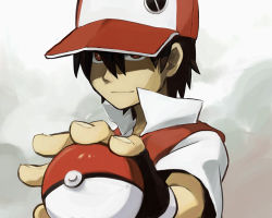 Rule 34 | 1990s (style), 1boy, baseball cap, black hair, creatures (company), fingerless gloves, foreshortening, game freak, gloves, hat, holding, holding poke ball, looking at viewer, lowres, male focus, md5 mismatch, nintendo, poke ball, poke ball (basic), pokemon, pokemon rgby, poppo16, red (pokemon), red eyes, resolution mismatch, retro artstyle, solo, source larger