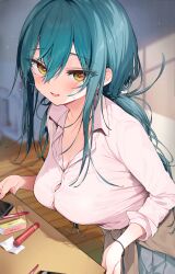 Rule 34 | 1girl, absurdres, blue hair, blush, breasts, brown jacket, bursting breasts, button gap, buttons, cleavage, clothes around waist, collared shirt, crossed bangs, green hair, grey skirt, hair between eyes, highres, indoors, itohana, jacket, jacket around waist, large breasts, leaning forward, long hair, looking at viewer, low ponytail, messy hair, open mouth, original, pleated skirt, shirt, sidelocks, skirt, solo, sweat, white shirt, yellow eyes