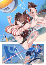 2girls animal_ears ass beach_volleyball bikini blue_sky braided_hair_rings breasts commentary_request day debris ear_covers gentildonna_(umamusume) hair_rings heart-shaped_ornament heart_ear_ornament highres horse_ears horse_girl horse_tail jumping large_breasts mismatched_bikini multiple_girls nabe_puyo outdoors sky spiking strong swimsuit tail umamusume verxina_(umamusume) volleyball volleyball_net