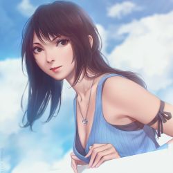 Rule 34 | 1girl, bad id, bad pixiv id, black hair, black ribbon, blue sky, blurry, blurry background, breasts, brown eyes, closed mouth, day, final fantasy, final fantasy viii, highres, jewelry, leaning forward, lips, long hair, looking at viewer, medium breasts, miura-n315, necklace, ribbon, rinoa heartilly, sky, smile, solo, upper body