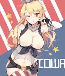 Rule 34 | 10s, 1girl, american flag, bare shoulders, blonde hair, blue eyes, blush, breasts, cleavage, garter straps, hona (pixiv7939518), iowa (kancolle), kantai collection, large breasts, long hair, looking at viewer, midriff, navel, one eye closed, smile, solo, star-shaped pupils, star (symbol), symbol-shaped pupils, thighhighs, tongue, tongue out, twitter username, united states, wink
