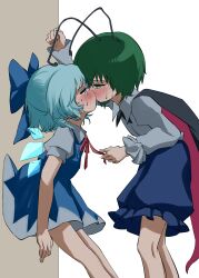 Rule 34 | 2girls, against wall, antennae, black cape, blue bow, blue dress, blue eyes, blue hair, blue shorts, blush, bow, cape, cirno, collared shirt, commentary request, dress, eye contact, feet out of frame, frilled shorts, frills, green eyes, green hair, hair bow, highres, juliet sleeves, kabedon, kiss, leaning, long sleeves, looking at another, mikan (manmarumikan), multiple girls, neck ribbon, puffy sleeves, red ribbon, ribbon, shirt, short dress, short hair, short sleeves, shorts, standing, sweat, touhou, white background, white shirt, wings, wriggle nightbug, yuri