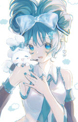 Rule 34 | 1girl, absurdres, aqua bow, aqua eyes, aqua hair, aqua nails, aqua necktie, bare shoulders, bow, cinnamiku, cinnamoroll, commentary, detached sleeves, folded twintails, frills, grey shirt, hair bow, hair ornament, hand on own chest, hand up, hatsune miku, heart, heart hair ornament, highres, long hair, long sleeves, looking at viewer, nail polish, necktie, open mouth, potate, sanrio, shirt, simple background, sleeveless, sleeveless shirt, smile, solo, updo, upper body, vocaloid, white background