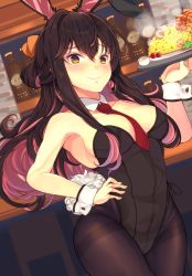 Rule 34 | 1girl, alcohol, animal ears, bar (place), bare shoulders, beef, black hair, black leotard, black pantyhose, bottle, bow, bowtie, breasts, cherry tomato, cleavage, covered navel, detached collar, fake animal ears, fang, food, hair ribbon, hand on own hip, highres, kantai collection, leotard, looking at viewer, medium breasts, mizuyoukan (mikususannda), multicolored hair, naganami (kancolle), necktie, pantyhose, pink hair, plate, playboy bunny, rabbit ears, rabbit tail, red neckwear, ribbon, rice, shrimp, solo, strapless, strapless leotard, tail, thighband pantyhose, tomato, tray, two-tone hair, wavy hair, wrist cuffs, yellow eyes